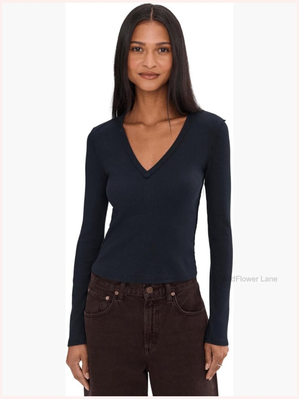 Oversized Long Sleeve Crew Neck Tee Ribbed Cuff Cotton Waffle